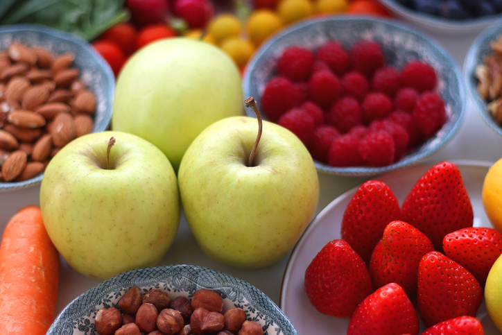 foods for brain health - Fruits, Vegetables And Nuts On White Background