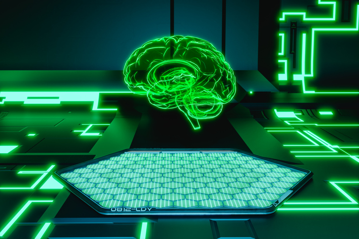 3D rendering of green brain over futuristic machine in laboratory
