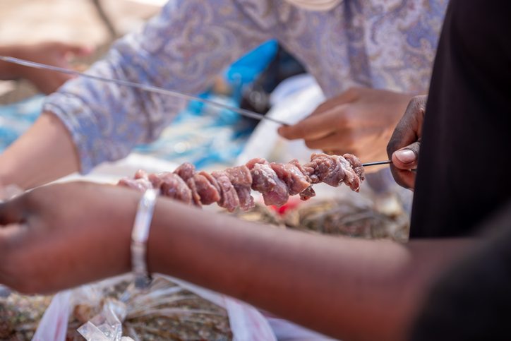 hosting bbq - Multi ethnic peoples are in picnic and helping each other while preparing kebab and barbecue
