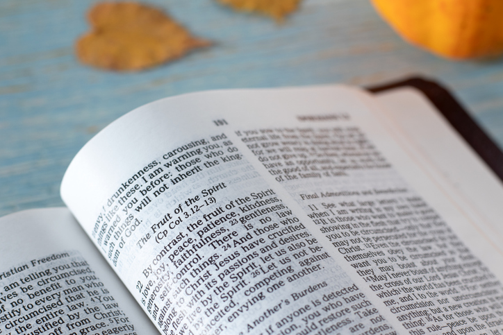 Fruit of the Spirit verses in open holy bible book with pumpkin and autumn leaves in the background