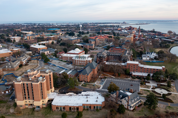 Aerial View of Hampton University HBCU in Virginia Overlooking the Campus