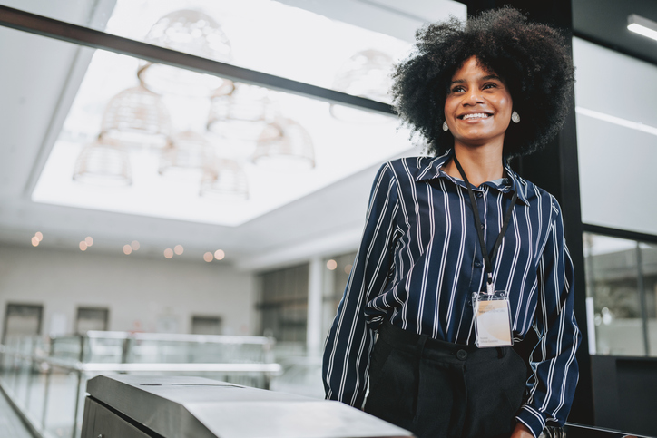 A woman arriving at the business conference