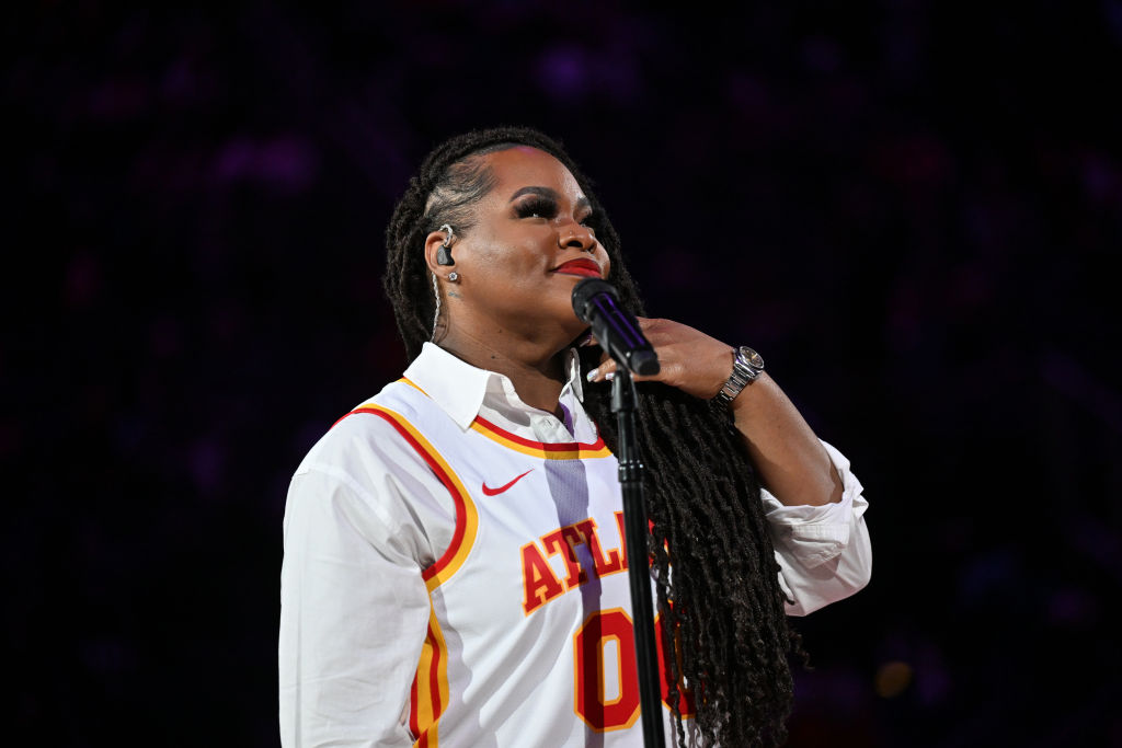 tasha cobbs national anthem - Celebrities Attend Indiana Pacers v Atlanta Hawks