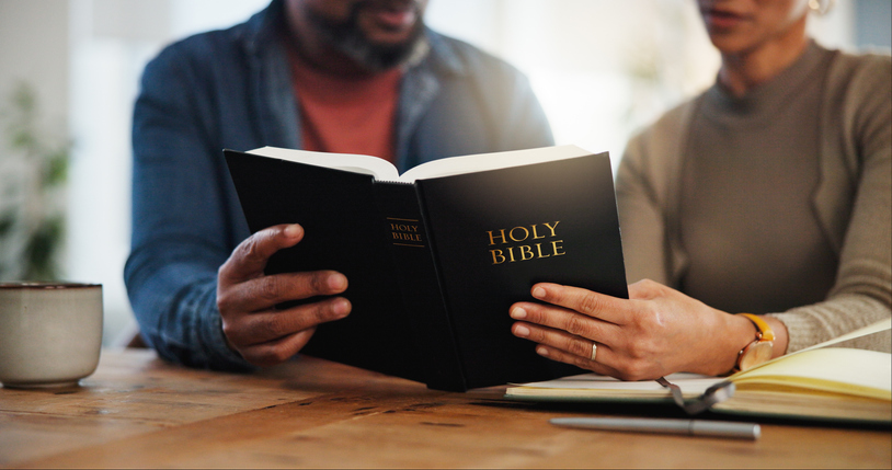 bible verses before bed - Couple, people and hands with reading bible for religious or spiritual guidance, belief and knowledge. Relationship, love and Christians with scripture or verse on holy book to worship at home