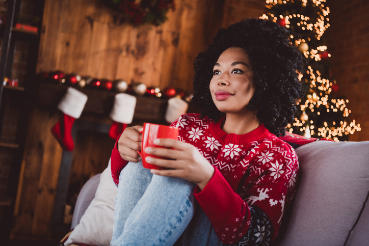 single for the holidays - Photo of nice young girl drink cacao wear red christmas clothes enjoy modern cozy x-mas party decoration interior flat indoors