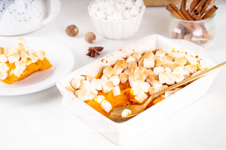 Sweet potato or pumpkin casserole with toasted marshmallow